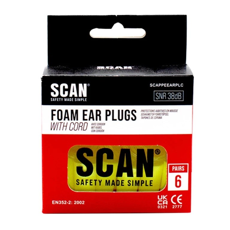 Scan Tapered Foam Earplugs & Cord (6 Pairs)