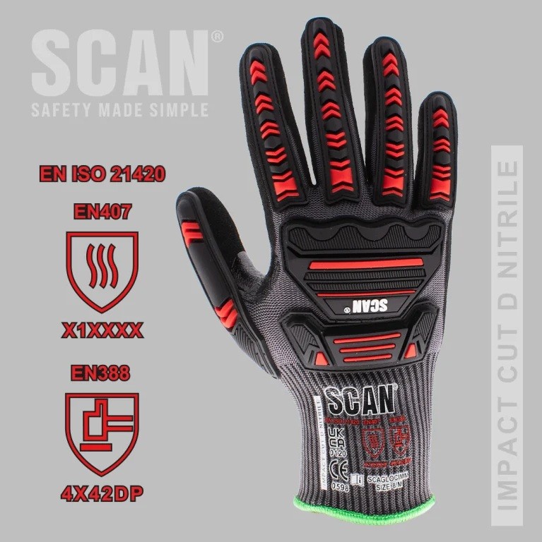 Scan Nitrile Palm Impact Cut D Gloves - L (Size 9)
