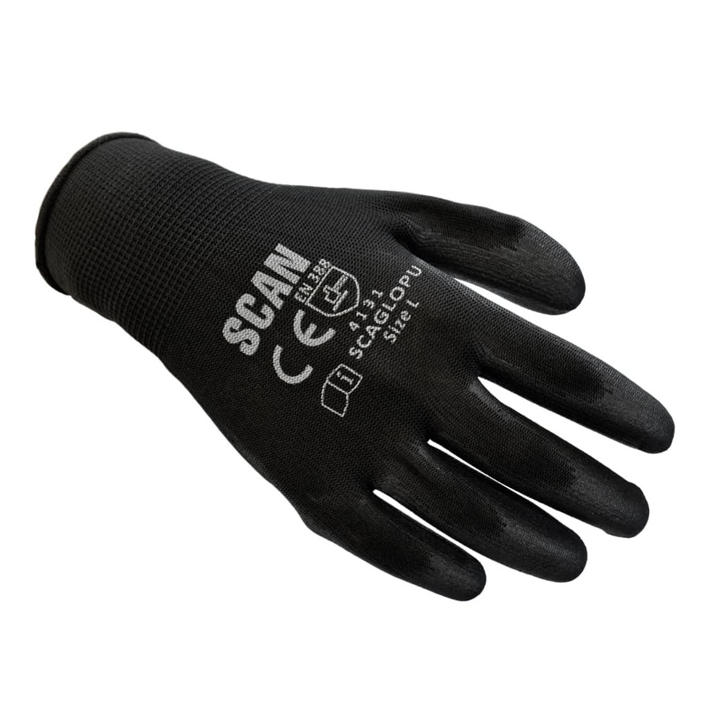 Scan Black PU Coated Gloves - L (Size 9) (12 Pairs)